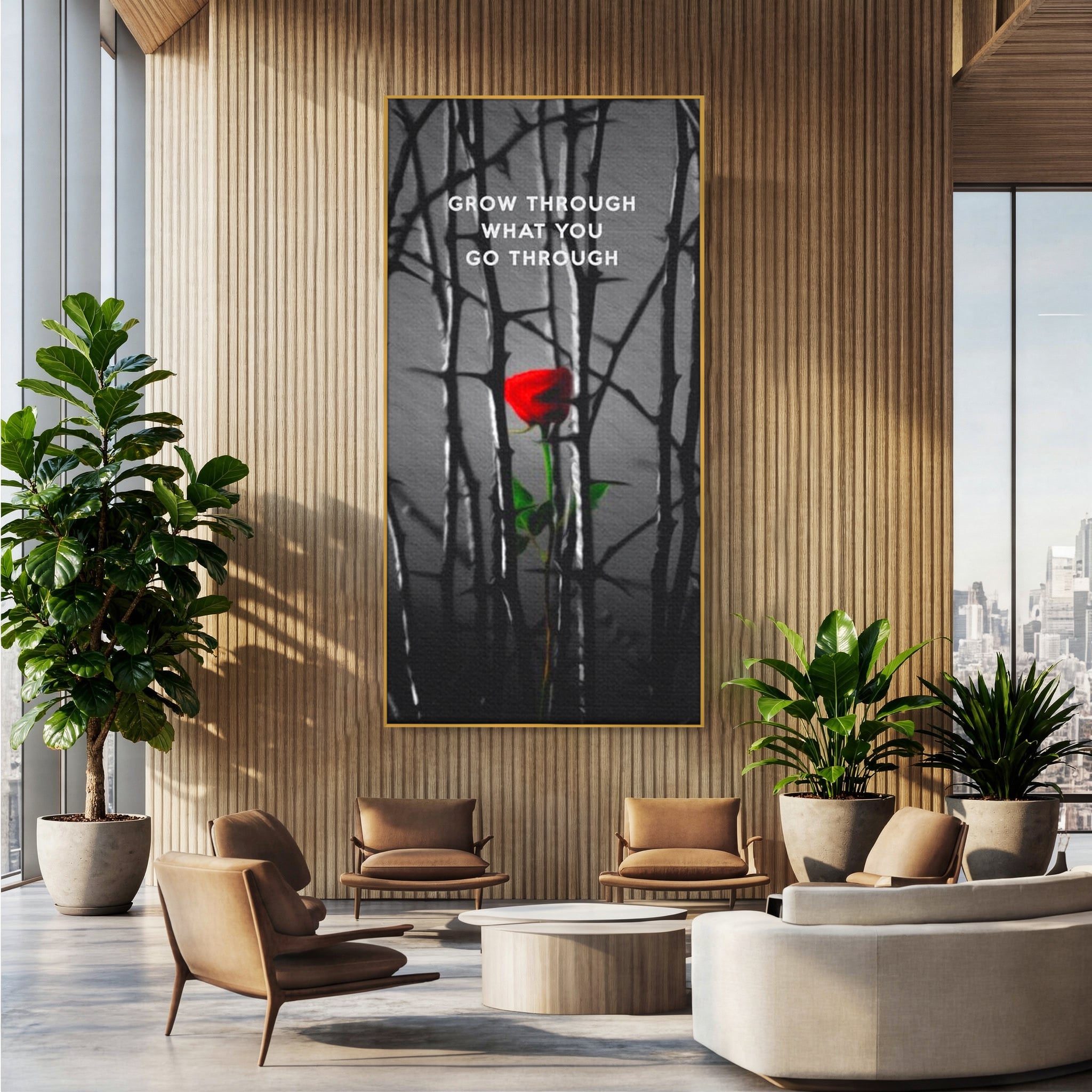 Tablou canvas cu tablou motivational cu trandafir rosu si spini, in rama de aluminiu auriu, pe perete intr-un birou